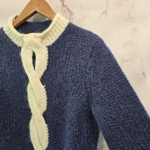 LL Bean Sweater Womens Medium Blue Cream Mohair Wool Cable Knit Roll Neck Twist - Picture 9 of 9